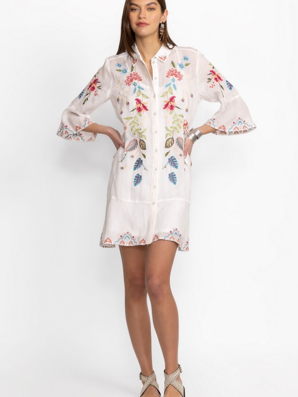 Johnny Was Emika Tiered Flounce Dress White Embroidered Button-Front 100% Cotton